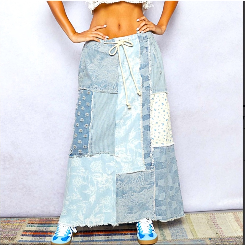 POL Patchwork Denim Maxi Skirt